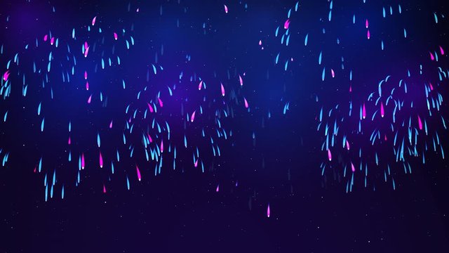 Bright fireworks in the night sky with stars. Beautiful festive sky for bright design. Colorful fireworks on a dark blue background. Animated background, seamless loop