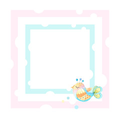 Square frame with watercolor bird. Children's cartoon style illustration for greeting cards
