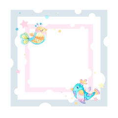 Square frame with watercolor birds. Children's cartoon style illustration for greeting cards