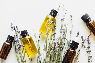 top view of dry lavender twigs with flowers and bottles with natural oil on white background
