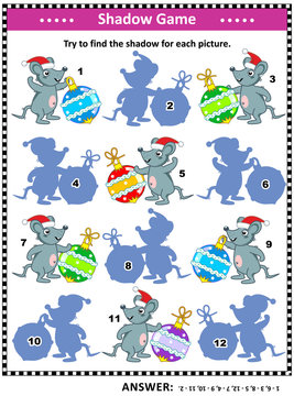 Winter holidays themed visual puzzle or picture riddle with mice and baubles: Can you find the shadow for each picture? Answer included.