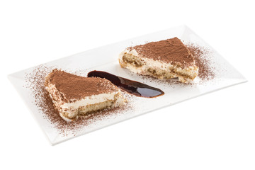 slices of Tiramisu cake traditional italian dessert isolated on white background