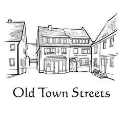 Old town street sketch. European cityscape. Vector illustration of city buildings in hand drawn style. Isolated on white background. Picture for decoration and coloring