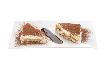 slices of Tiramisu cake traditional italian dessert isolated on white background