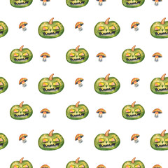 watercolor pattern with green round pumpkins and evil fly agaric on a white background. Great for packaging design, textile and printing for Halloween celebrations.
