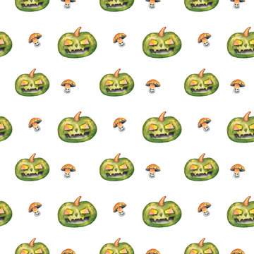 watercolor pattern with green round pumpkins and evil fly agaric on a white background. Great for packaging design, textile and printing for Halloween celebrations.