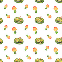 watercolor pattern with green round pumpkins and evil mushrooms on a white background. Great for packaging design, textile and printing for Halloween celebrations.