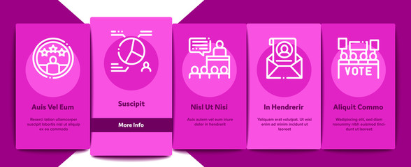 Voting And Election Onboarding Mobile App Page Screen Vector Thin Line. Congress Building And Monitor, Calendar And Human Silhouette Democracy Voting Concept Linear Pictograms. Contour Illustrations