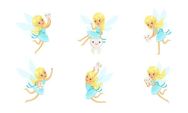 Little Cute Tooth Fairy In Blue Dress In Different Poses With Funny Cartoon Teeth Vector Illustration Set Isolated On White Background