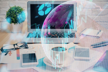 Multi exposure of forex chart and work space with computer. Concept of international online trading.