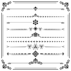 Vintage set of decorative elements. Horizontal separators in the frame. Collection of black different ornaments. Classic patterns. Set of vintage patterns
