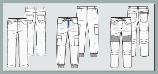 Denim jeans and jogging sketch draw flat collection. Kids boys trousers. Fashion illustration. © RockLady