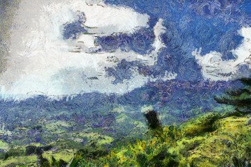Mountain landscape with trees and fog Illustrations creates an impressionist style of painting.