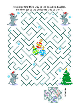 Winter holidays, Christmas or New Year maze game for kids: Help each mouse get to the christmas tree and decorate it. Answer included.