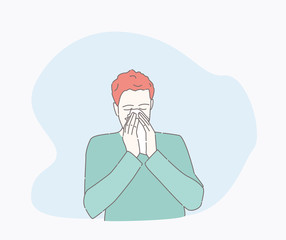 symptoms of a cold patient. hand drawn style vector design illustrations. runny nose character. Health And Pain. the guy is sick