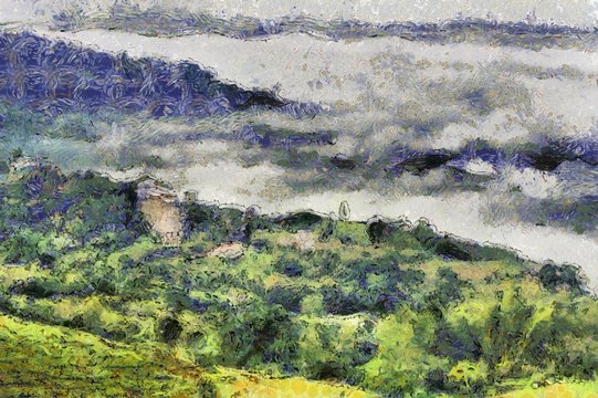 Mountain landscape with trees and fog Illustrations creates an impressionist style of painting.