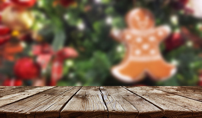 Empty old wooden table background - christmas background