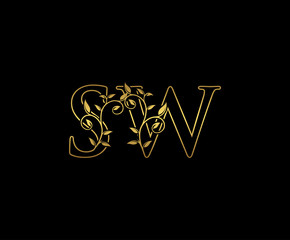 Golden letter S and W, SW vintage decorative ornament emblem badge, overlapping monogram logo, elegant luxury gold color on black background.