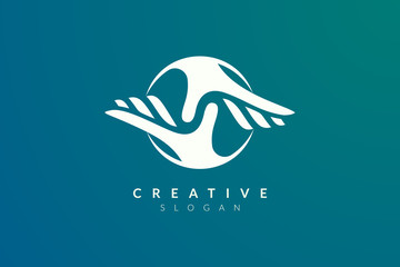 Vector design of a combination of circle letters with two hands reaching together