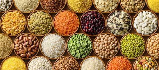 Various colorful cereals and legumes background