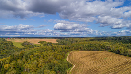 landscape aerial view summer day. beautiful image bird's-eye views of fields and forest and roads and settlements