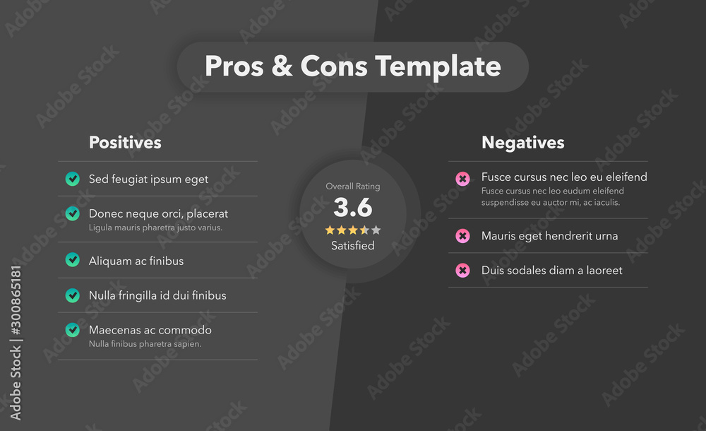 Aufkleber simple infographic for pros and cons with overall rating. easy to use for your website or presentati