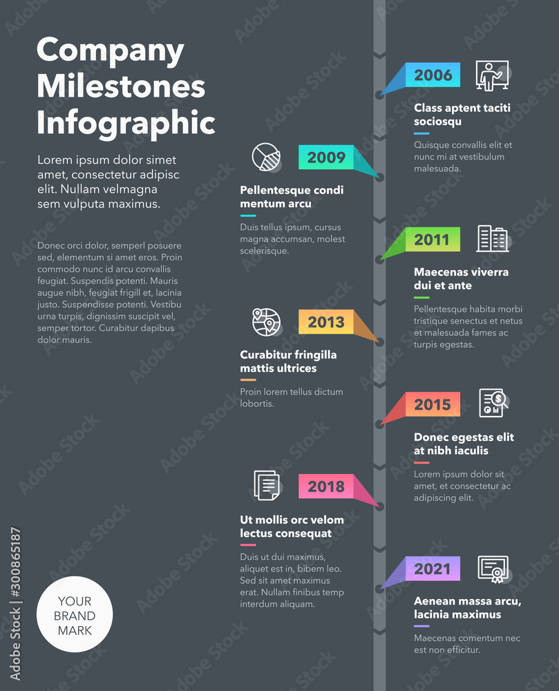 Poster modern business infographic for company milestones timeline template with line icons - dark version.