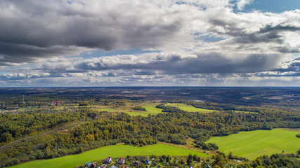 landscape aerial view summer day. beautiful image bird's-eye views of fields and forest and roads and settlements