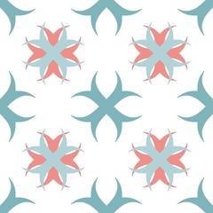 Seamless geometric mint green and red ornamental pattern. Abstract pastel colored background