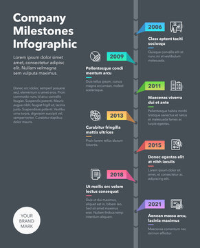 Modern business infographic for company milestones timeline template with line icons - dark version. Easy to use for your website or presentation.