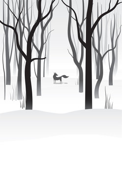 Winter landscape with fox silhouette