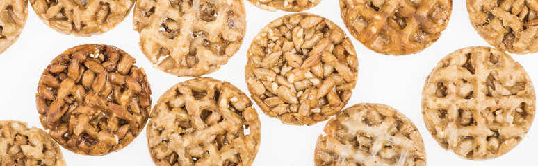 top view of delicious Gozinaki isolated on white, panoramic shot