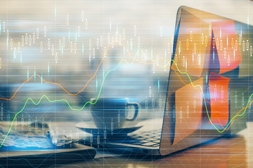 Multi exposure of forex chart and work space with computer. Concept of international online trading.