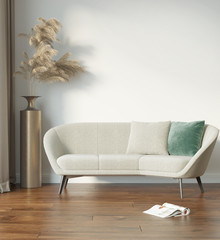 Elegant grey interior with curved sofa and pampas grass