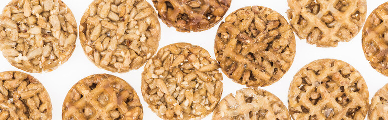 top view of delicious Gozinaki isolated on white, panoramic shot