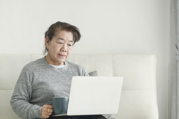 Asian senior woman using laptop at home, lifestyle concept.