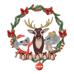 Christmas wreath with a cute deer in the center in doodle style on a white background