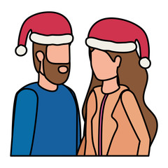 young lovers couple with christmas hat characters
