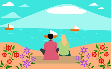 Vector illustration in a simple, minimalist geometric style - a landscape of lovers who are enjoying views of the lake and mountains