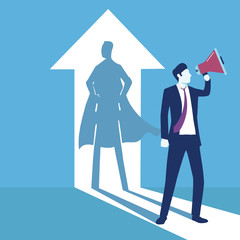 Workforce concept. Illustration of businessman standing in front of his own muscle shadow showing his super inner strength