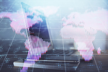 Multi exposure of business theme icons and table with computer background. Concept of success.