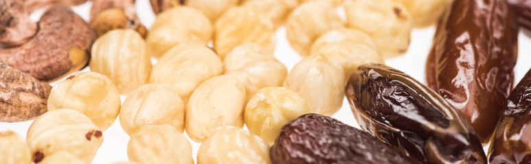 close up view of dried dates, hazelnut and cashew isolated on white, panoramic shot