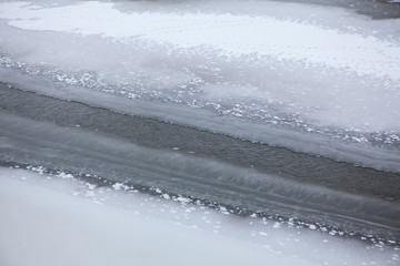 thin ice surface and snowy shore