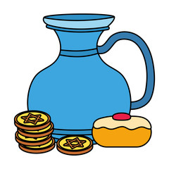 happy hanukkah teapot jar with sweet cupcake and coins