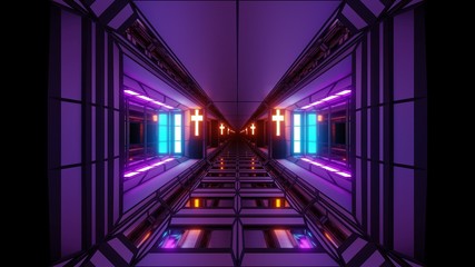 futuristic space sci-fi hangar tunnel corridor with nice reflections and holy christian glowing cross 3d illustration background wallpaper