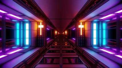 futuristic space sci-fi hangar tunnel corridor with nice reflections and holy christian glowing cross 3d illustration background wallpaper