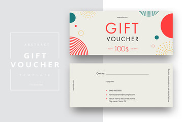 Abstract gift voucher card template. Modern discount coupon or certificate layout with geometric shape pattern. Vector fashion bright background design with information sample text.