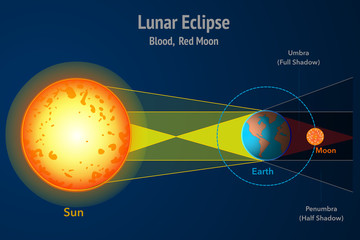 Lunar eclipse. A lunar eclipse occurs when earth crosses between the moon and the sun, which casts a shadow of earth onto the moon. moon orbit. Dark blue background. Red, blood moon Educational vector - obrazy, fototapety, plakaty
