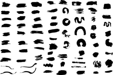 Big set of black brush strokes, spots, strokes on a white background. Ink splatters. Different grunge brush strokes. 