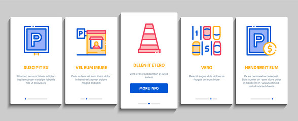 Parking Car Onboarding Mobile App Page Screen Vector Thin Line. Garage And Parking Mark, Video Camera And Automatic Barrier, Vehicle And Key Concept Linear Pictograms. Contour Illustrations